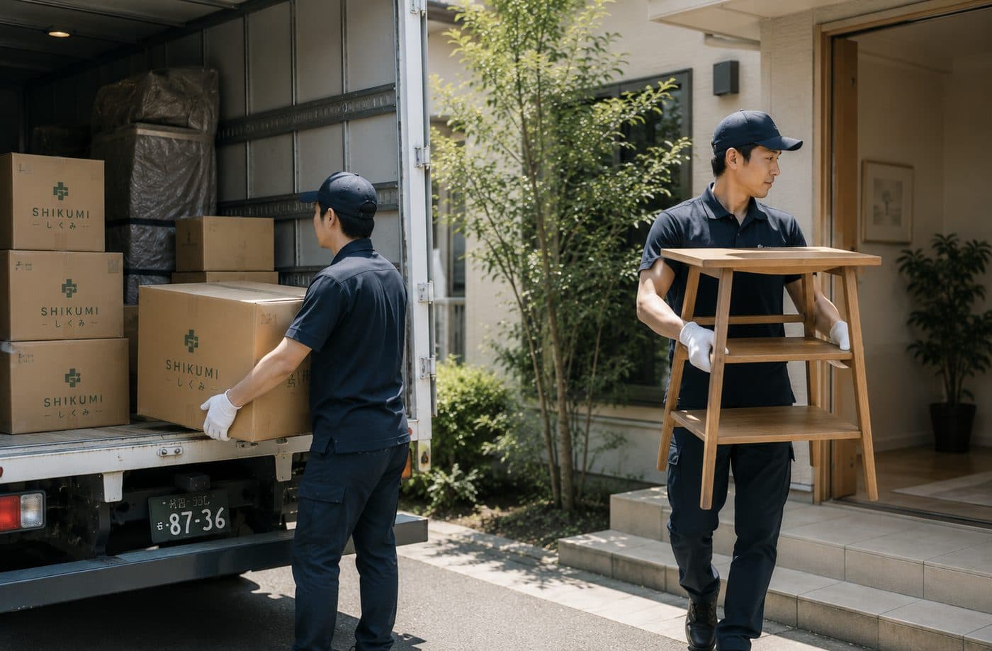 トラックへ荷物を積み込み、家具を運ぶスタッフ
