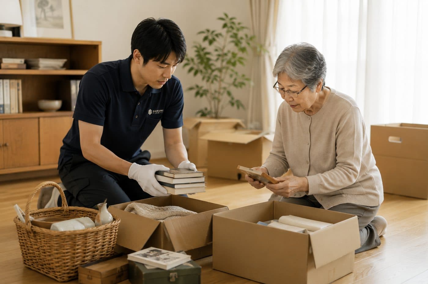 スタッフがお客様と一緒に想い出の品を仕分けている様子